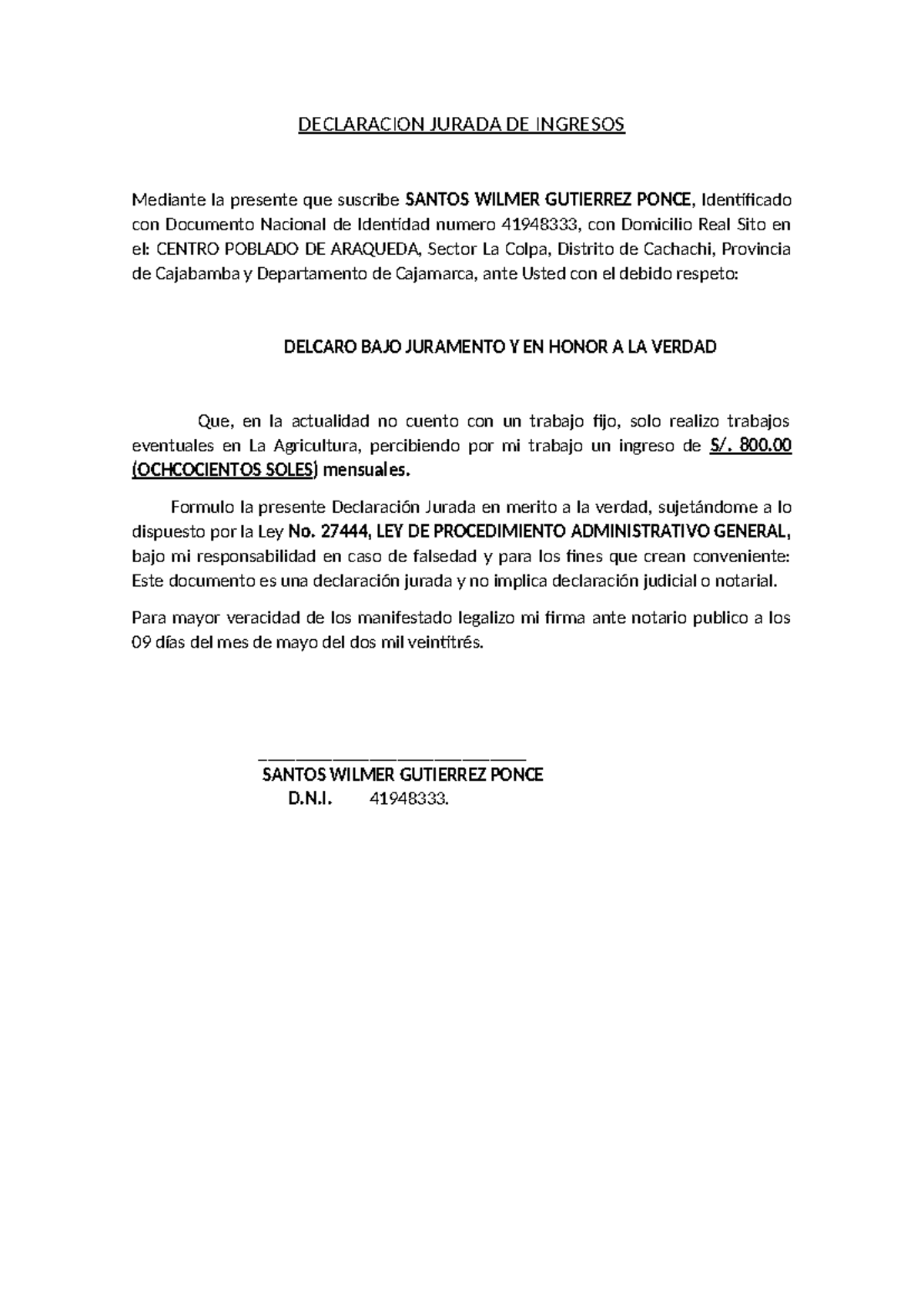 JPLC - Declaración Jurada de Ingresos - 2023 - Studocu