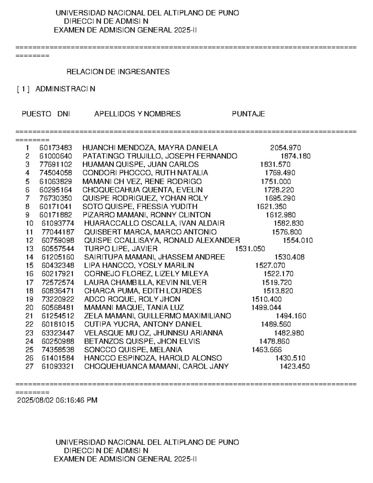 UNIVERSIDAD NACIONAL DEL ALTIPLANO DE PUNO - RELACIÓN DE INGRESANTES EXAMEN DE - Document Preview