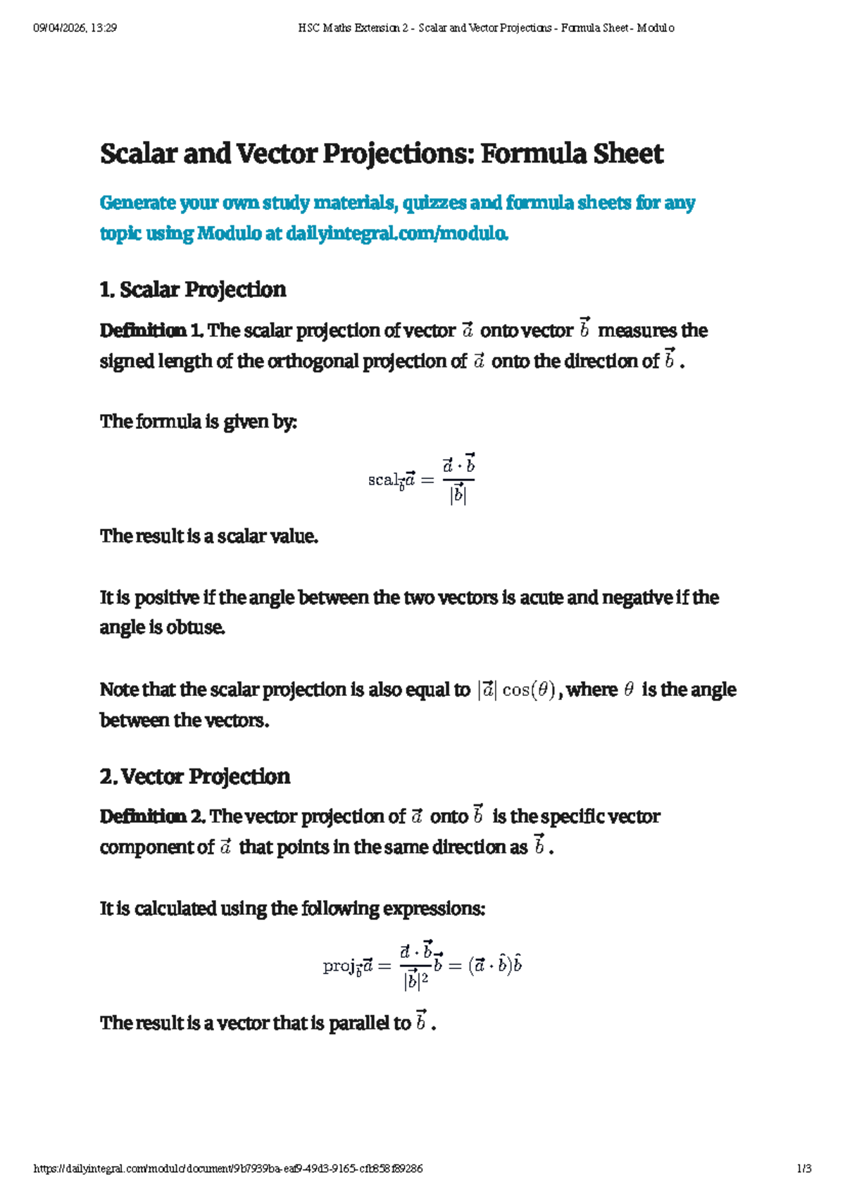 HSC Maths Extension 2 - Scalar & Vector Projections Formula Sheet - Studocu