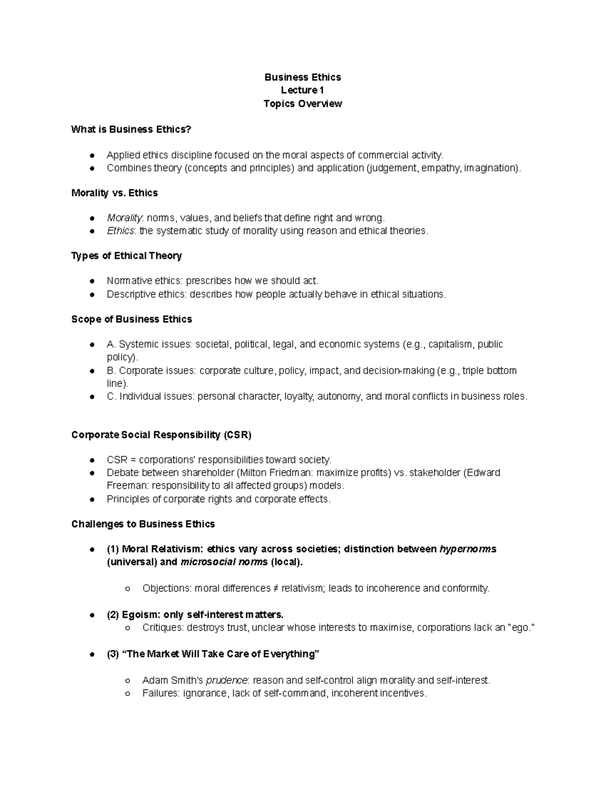Business Ethics Lecture 1: Key Concepts and Challenges - Studeersnel