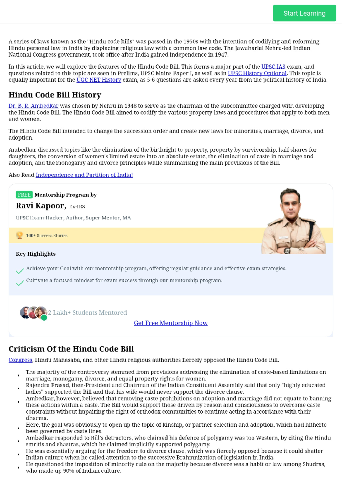 Hindu Code Bill Role Of Ambedkar And Other Important Notes - Start ...