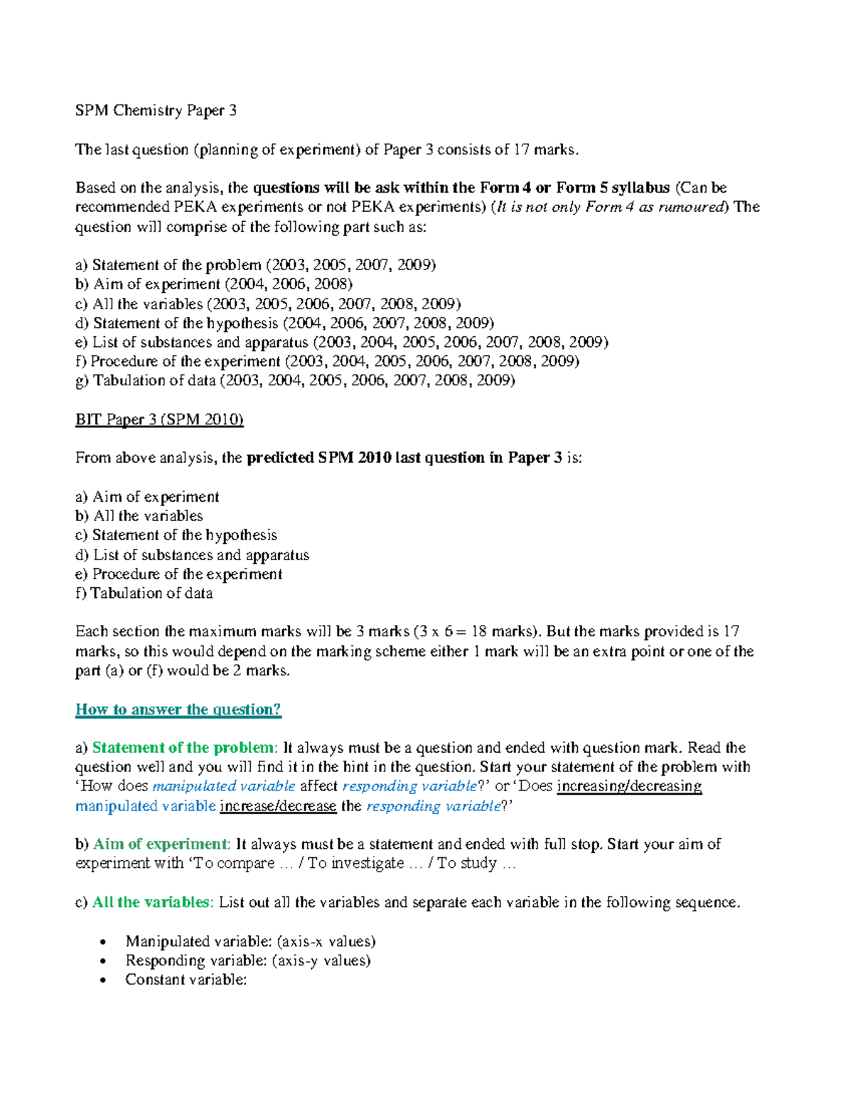 SPM 96120643 Chemistry Paper 3: Answering Techniques for Experiments ...