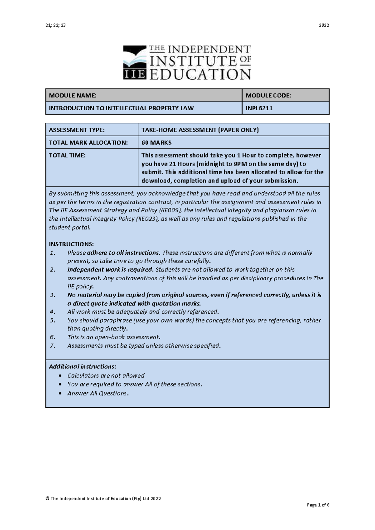 INPL6211 2022 Past Paper: Introduction to Intellectual Property Law ...
