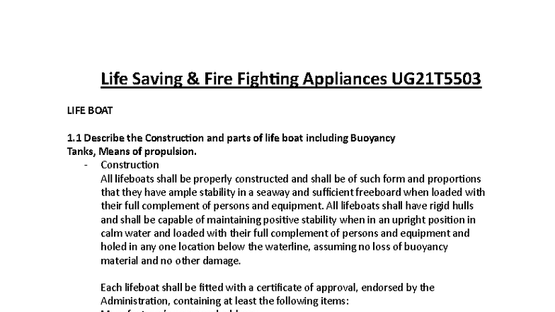 LSA & FFA Notes UG21T5503: Lifeboats, Fire Safety, and Procedures - Studocu