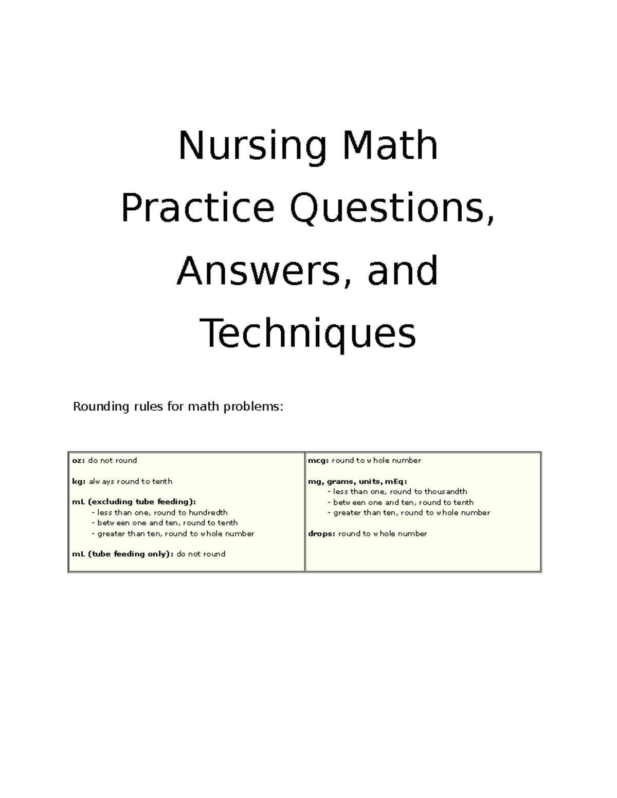 Dosage Calculation Practice Problems for Nursing (NUR 101) - Studocu
