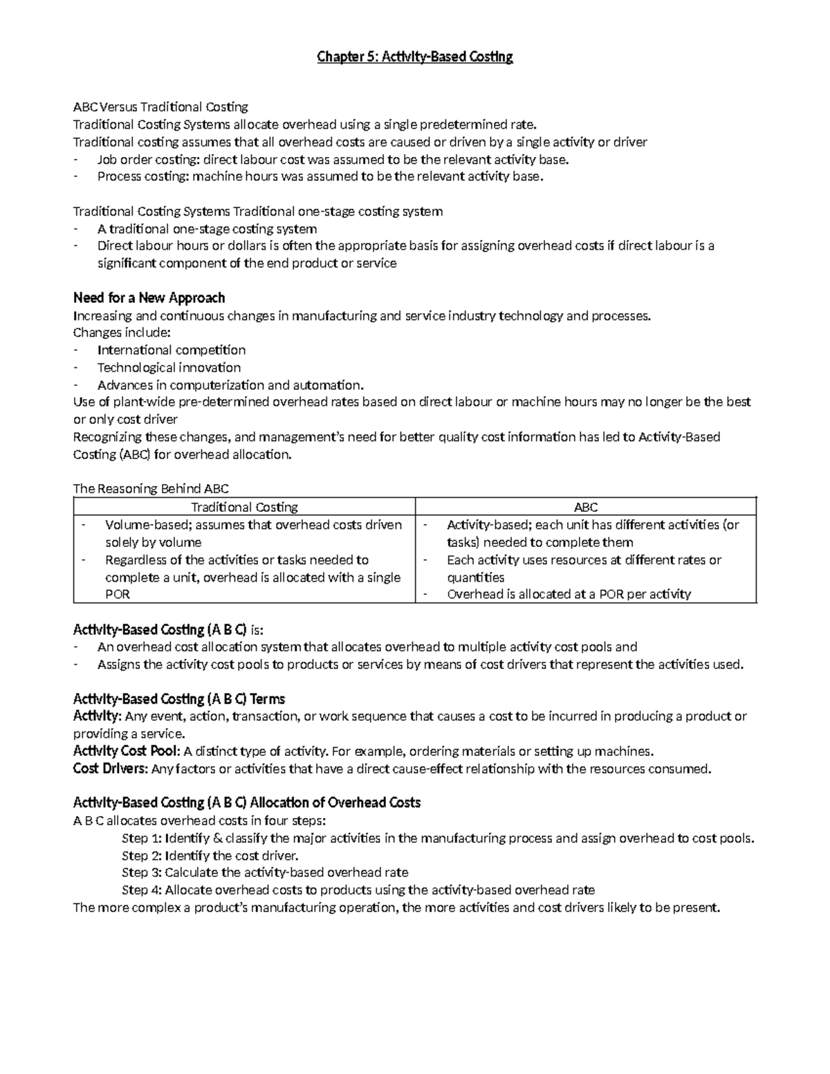 Chapter 5: ABC vs Traditional Costing - Key Concepts and Benefits - Studocu