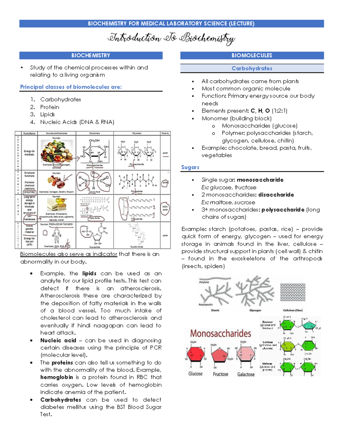 BIOCHEMISTRY FOR MEDICAL LAB SCIENCE (LECTURE) - Week 2 Intro - Studocu