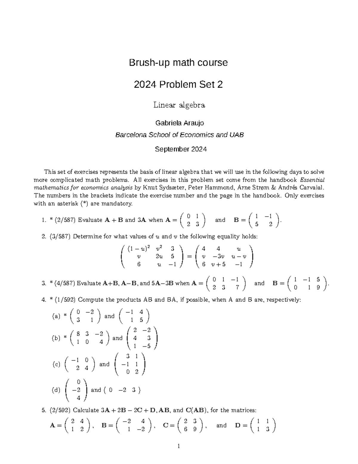 PS 2 2024 - Linear Algebra Problem Set by Gabriela Araujo - Studocu