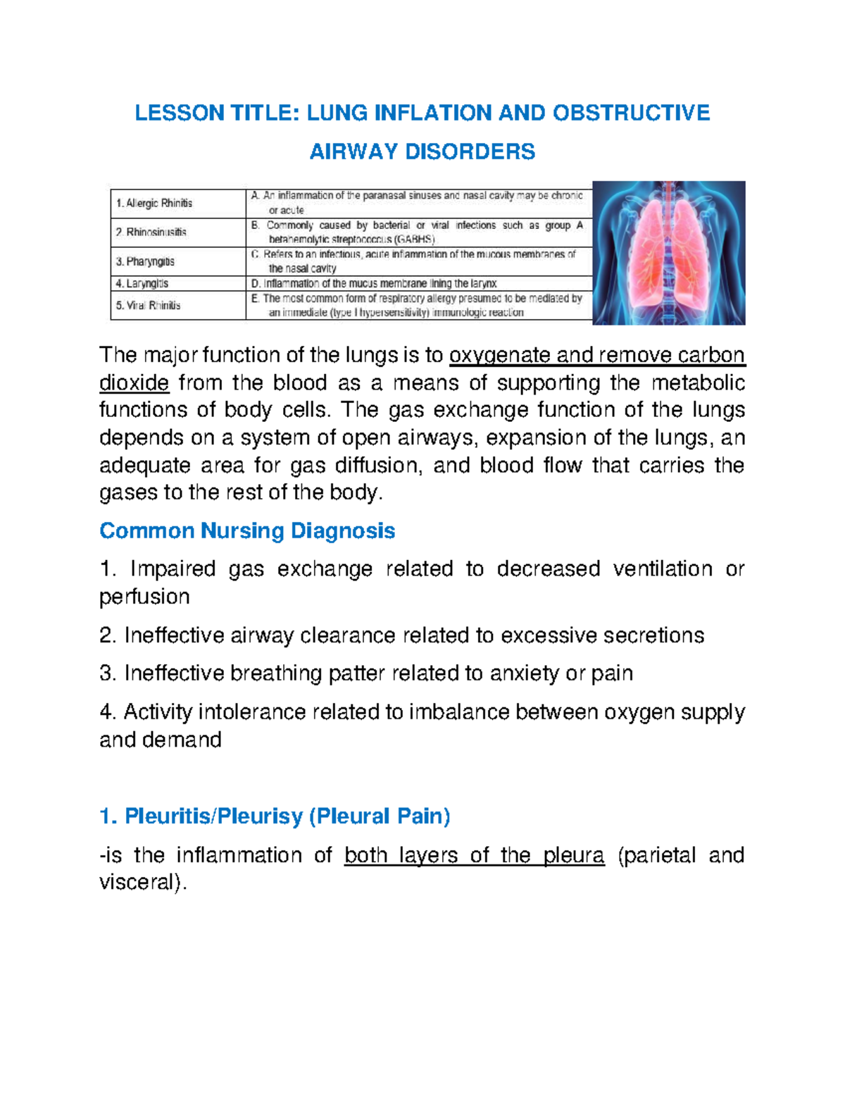 NUR155 Lesson: Lung Inflation & Obstructive Airway Disorders - Studocu