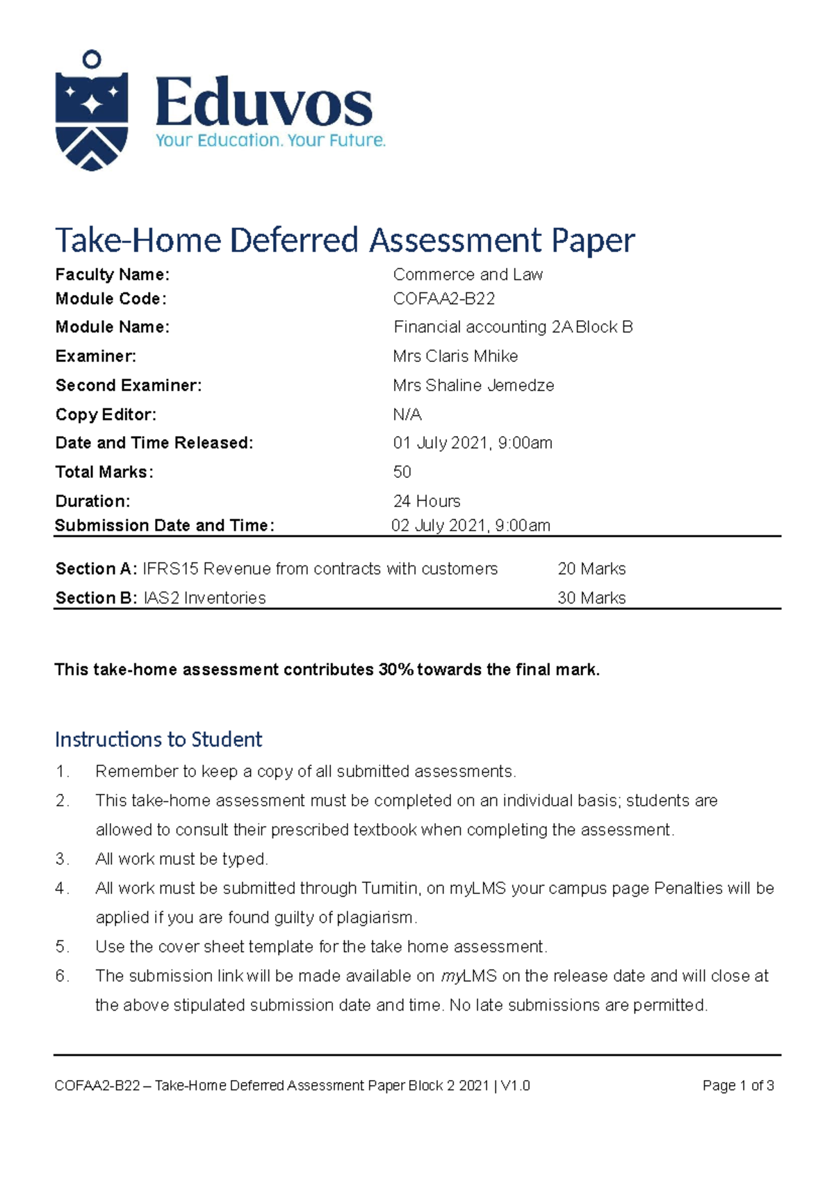 COFAA2-B22 - Deferred Assessment Paper on Financial Accounting 2A - Studocu