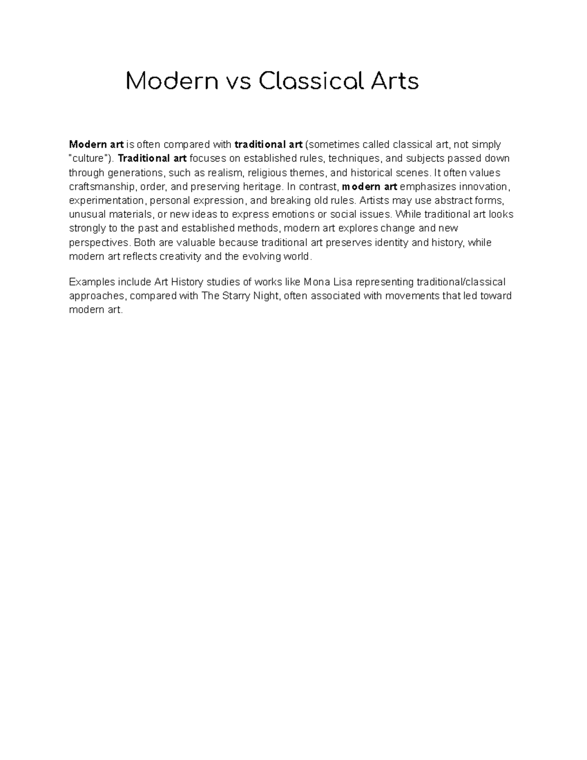 Modern vs Classical Arts: A Comparative Study of Art Forms - Studocu