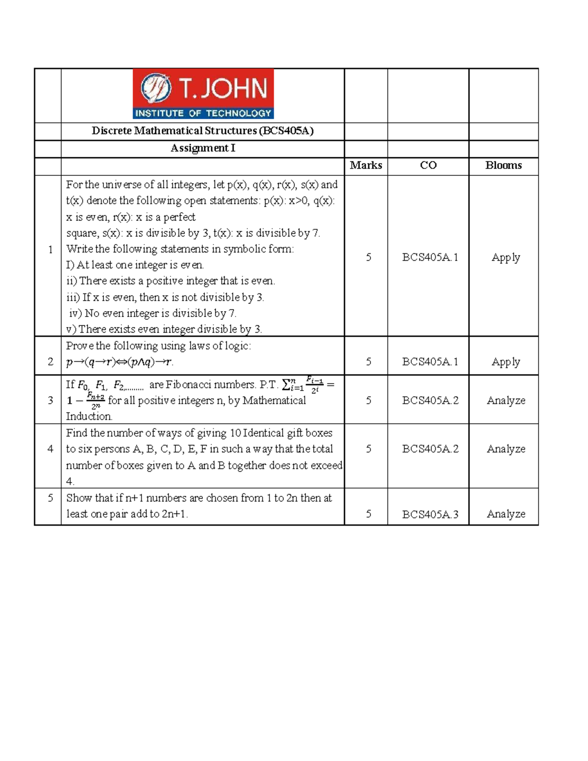 BCS405A - Discrete Math Structures Assignment 1: Symbolic Logic ...