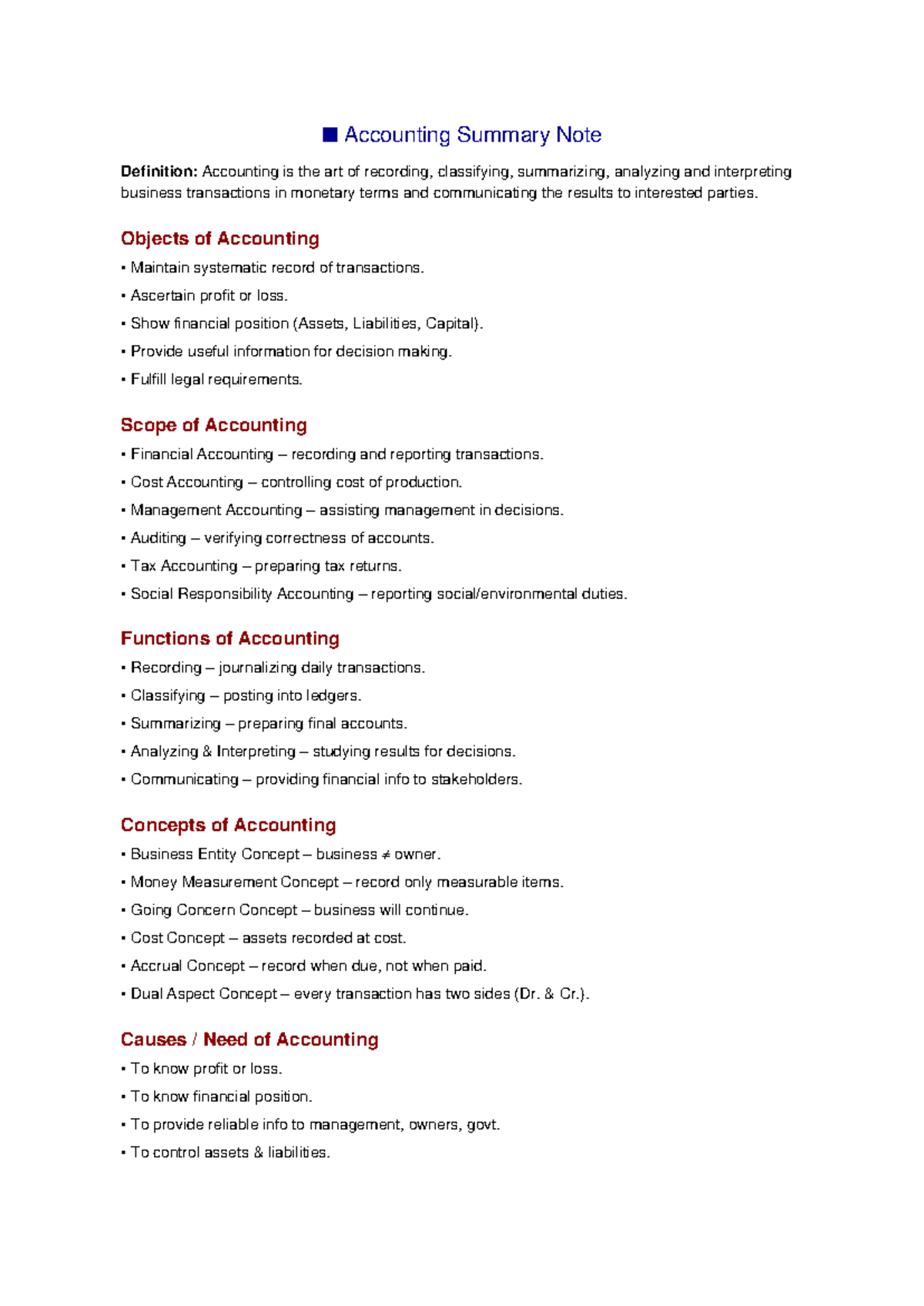 Accounting Summary Notes: Key Concepts and Functions - Studocu