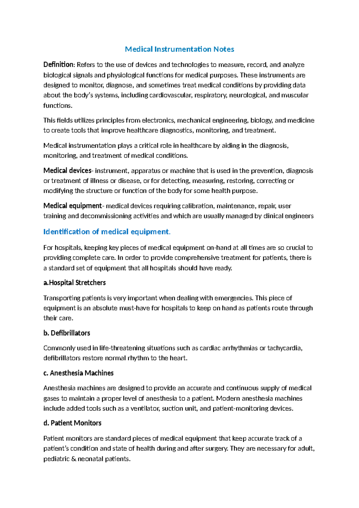 Medical Instrumentation Class Notes CNA - Medical Instrumentation Notes ...
