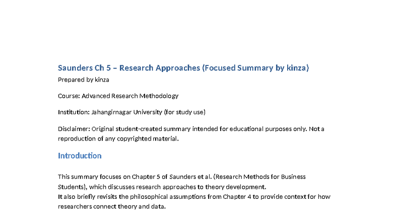 Saunders Ch 5 Research Approaches: Focused Summary for Advanced ...