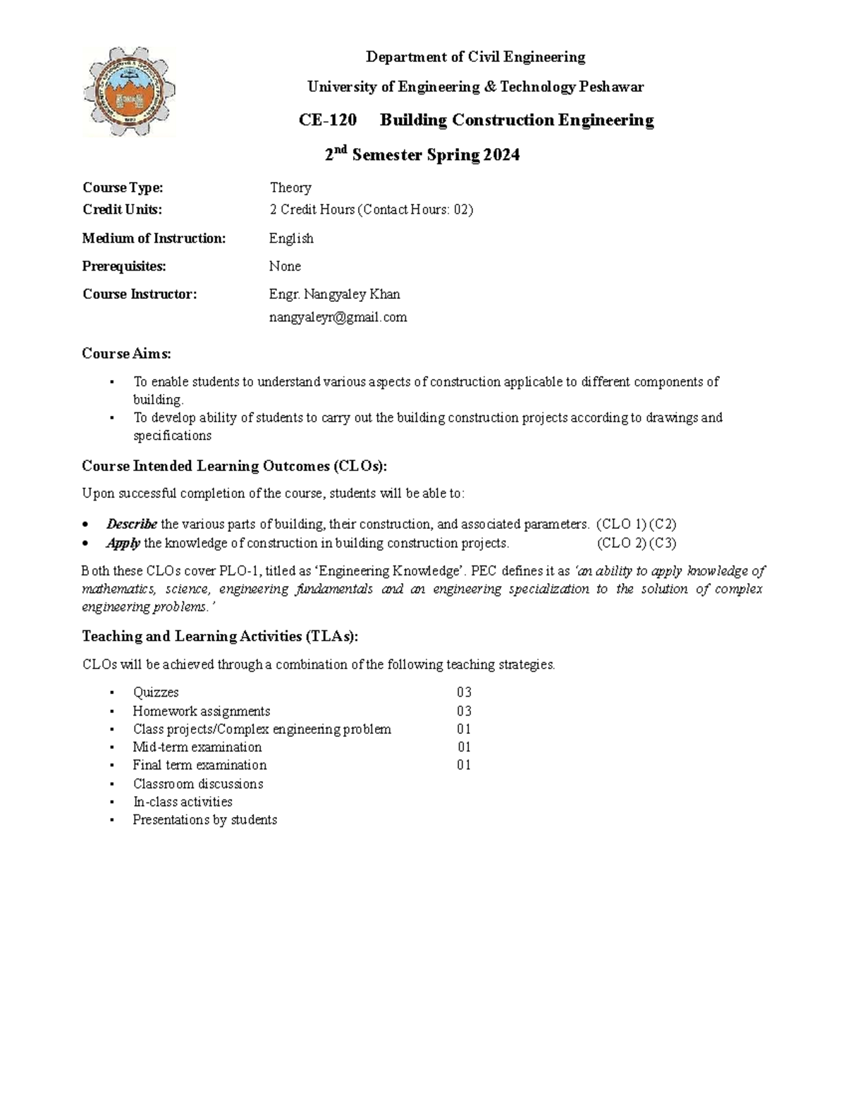Building construction engineering course outline CE 202 Spring 2024 ...