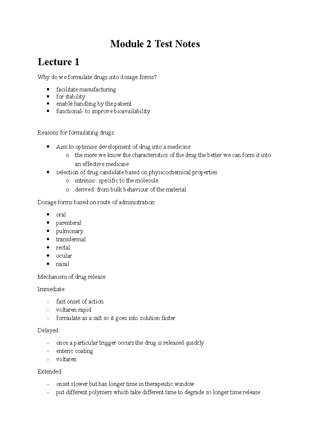 Module 2 Test Notes: Drug Formulation & Dosage Forms Overview - Studocu