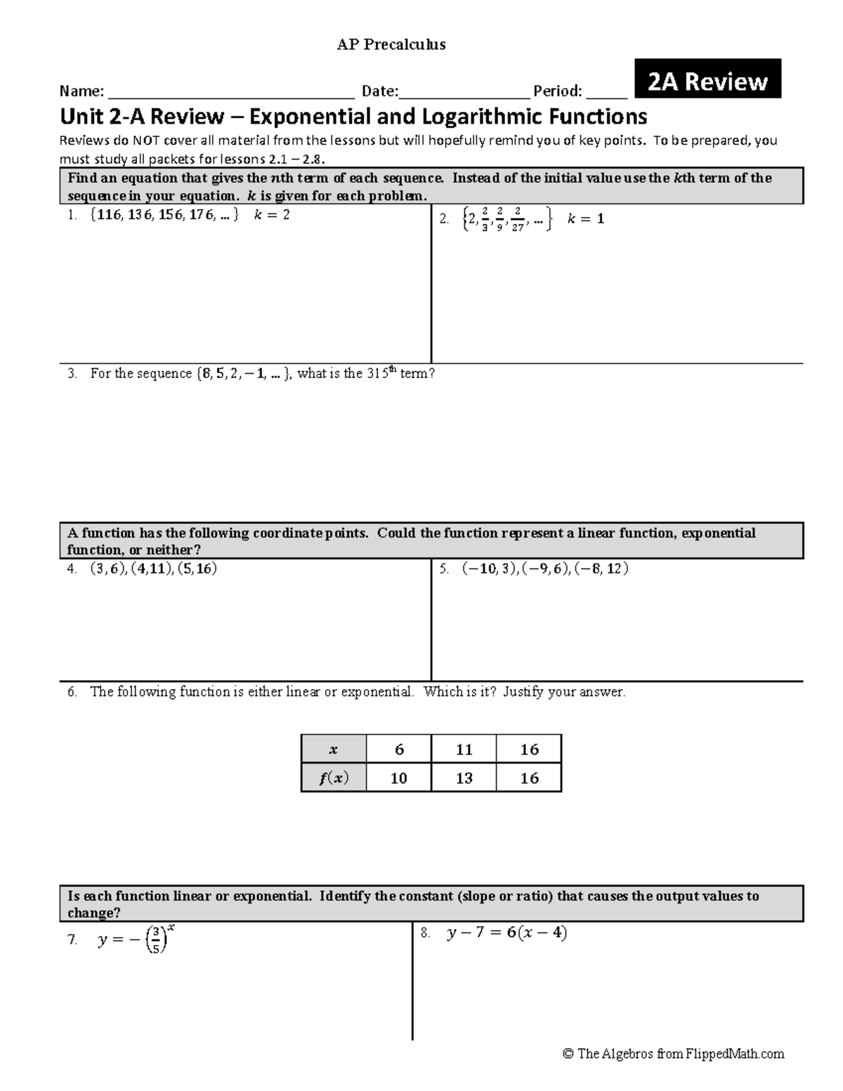 AP Precalculus 2A Unit Review: Exponential & Logarithmic Functions ...