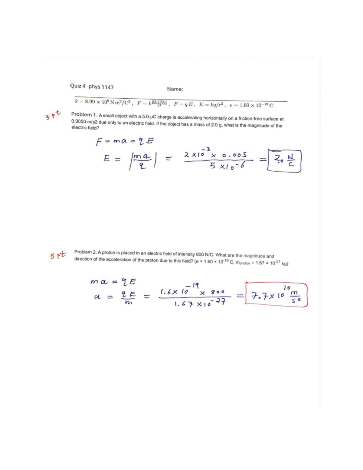 Quiz 4 Solutions for PHYS 1147: Electric Field Problems - Studocu