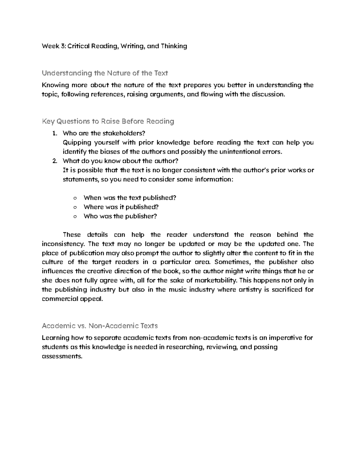 Week 3 Critical Reading, Writing, and Thinking - Week 3: Critical ...