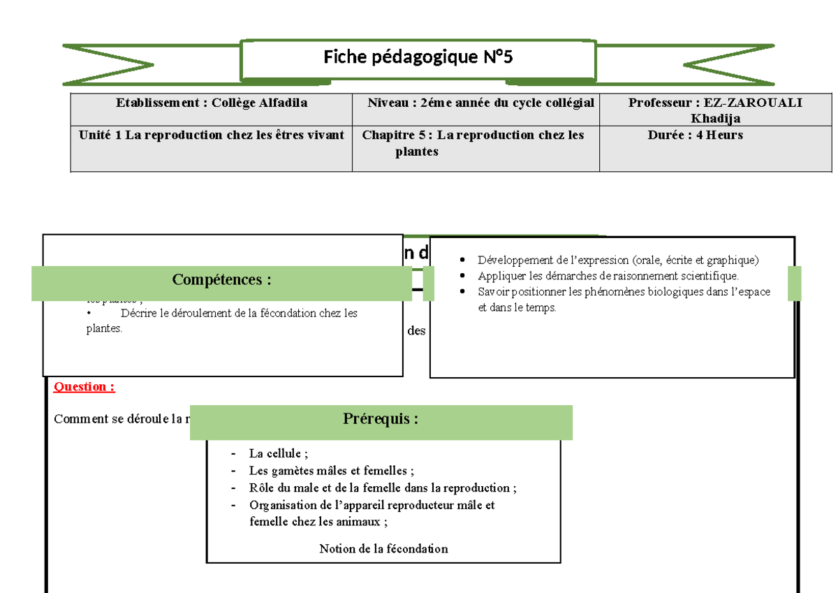 Fiche Pédagogique: Reproduction chez les Plantes - 2ème Année Collège ...