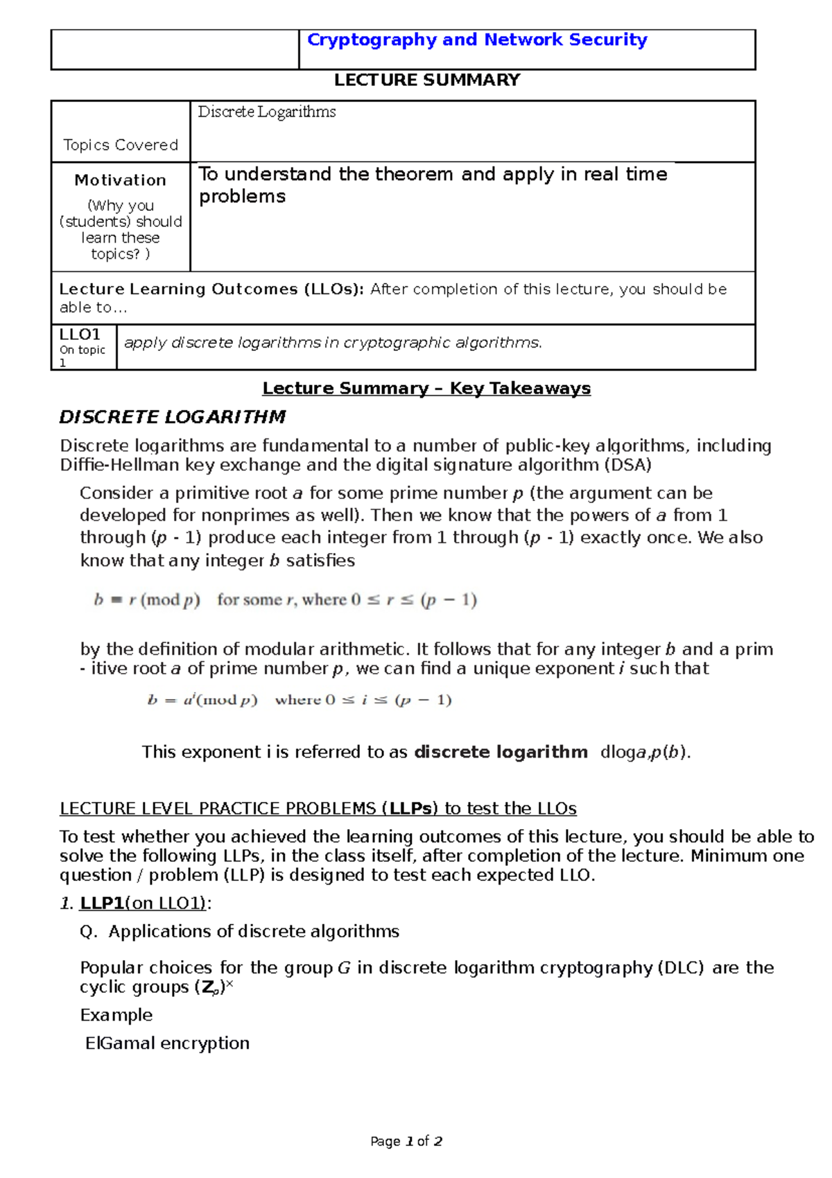 Cryptography 101: Lecture Summary on Discrete Logarithms - Studocu
