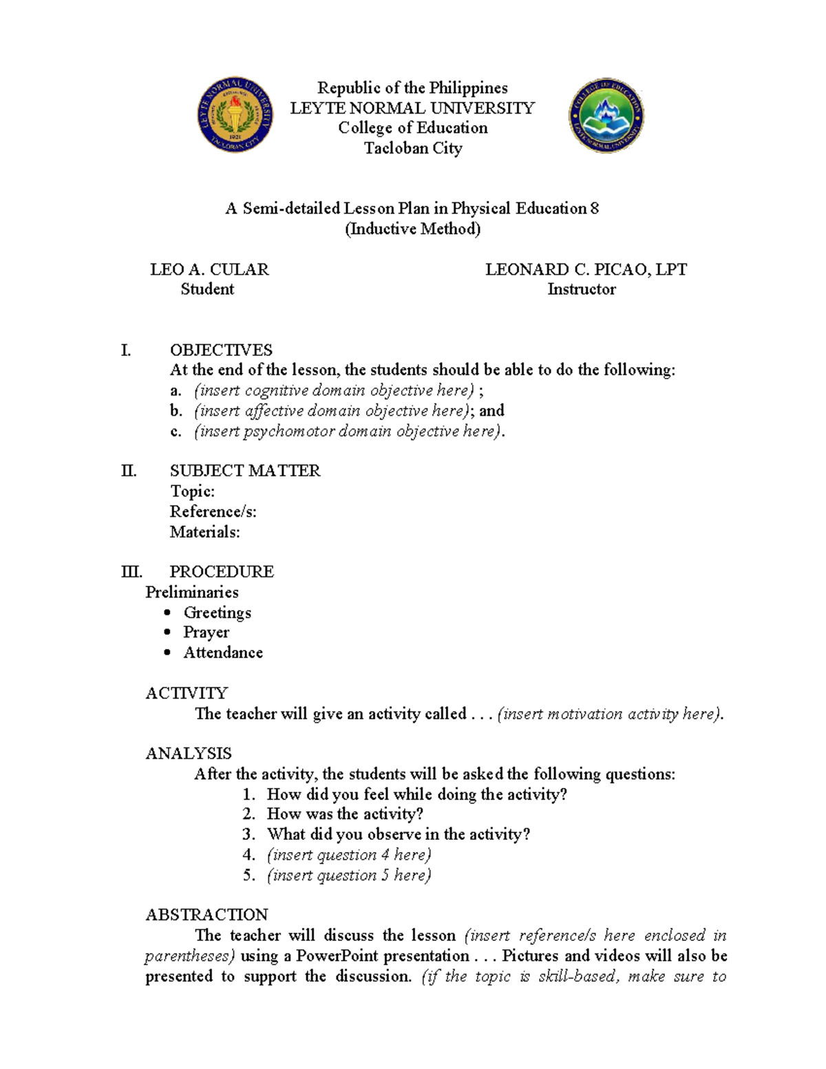 PE 8 Lesson Plan: Inductive Method - 4As Format - Studocu