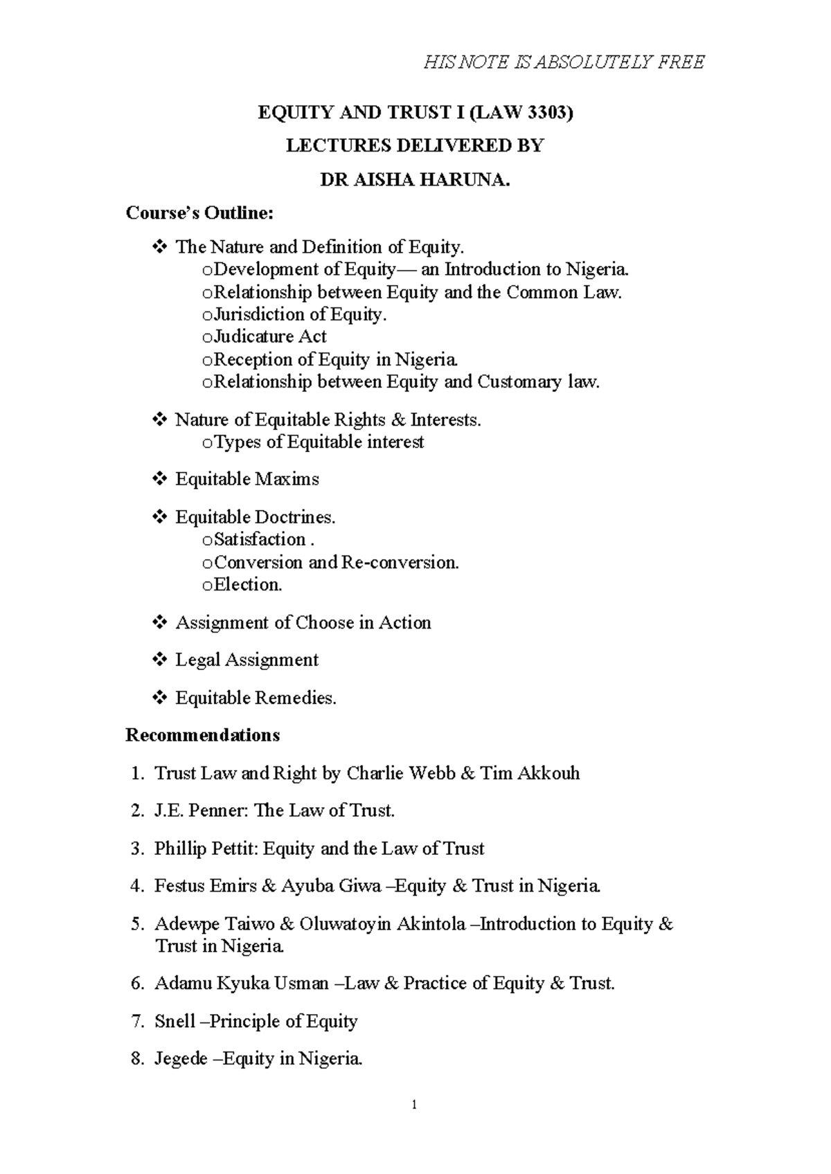 Equity and Trusts I Lecture Notes (LAW 3303) - Overview and Key ...