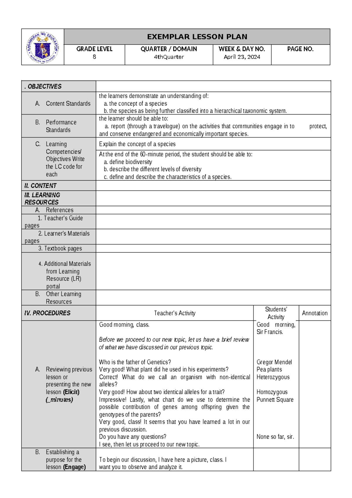 Understanding Biodiversity: Grade 8 Science 9 - 4th Quarter Lesson Plan ...