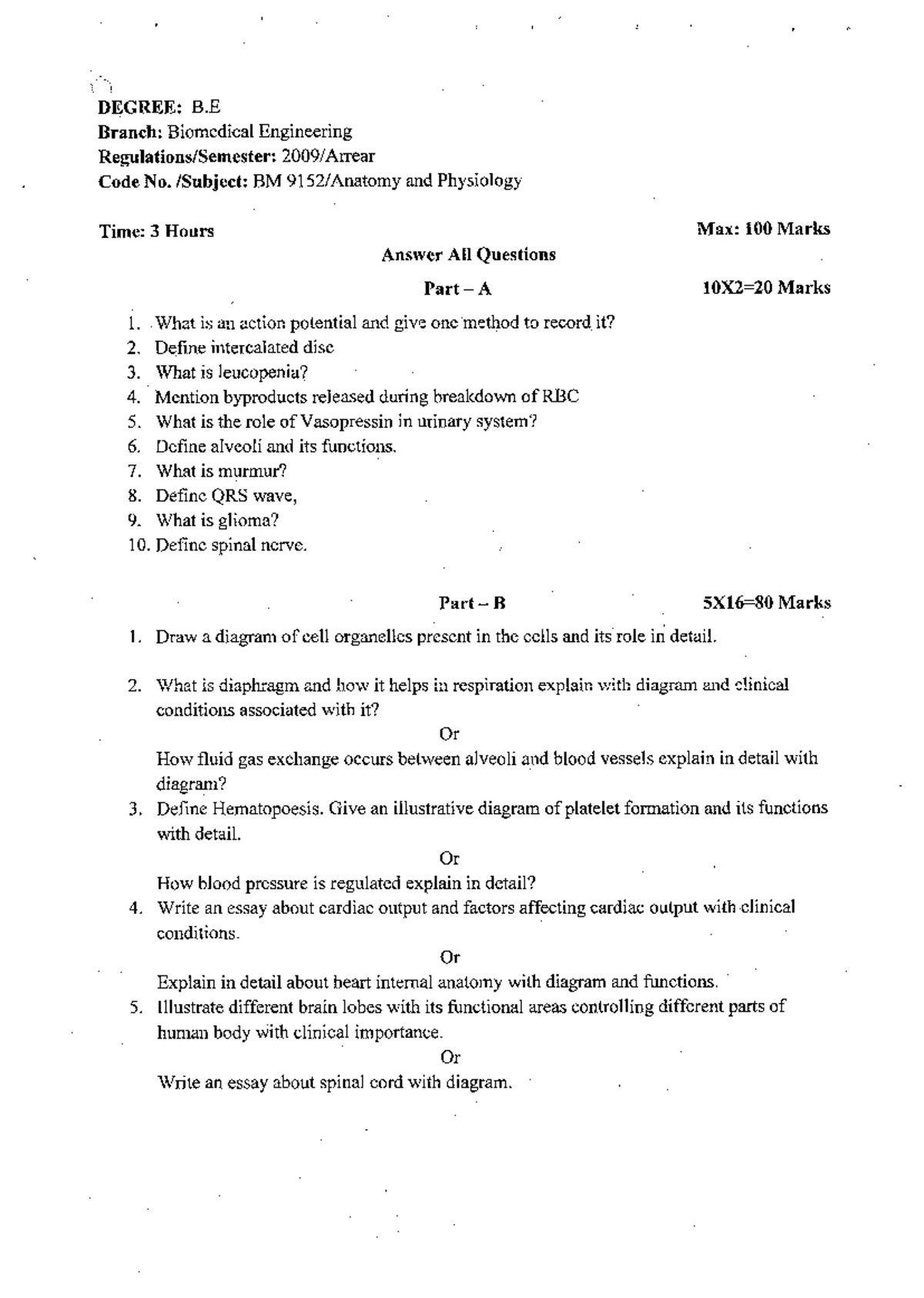 BM 9152 Anatomy & Physiology Study Notes PDF for B E 2009 Arrear - Studocu
