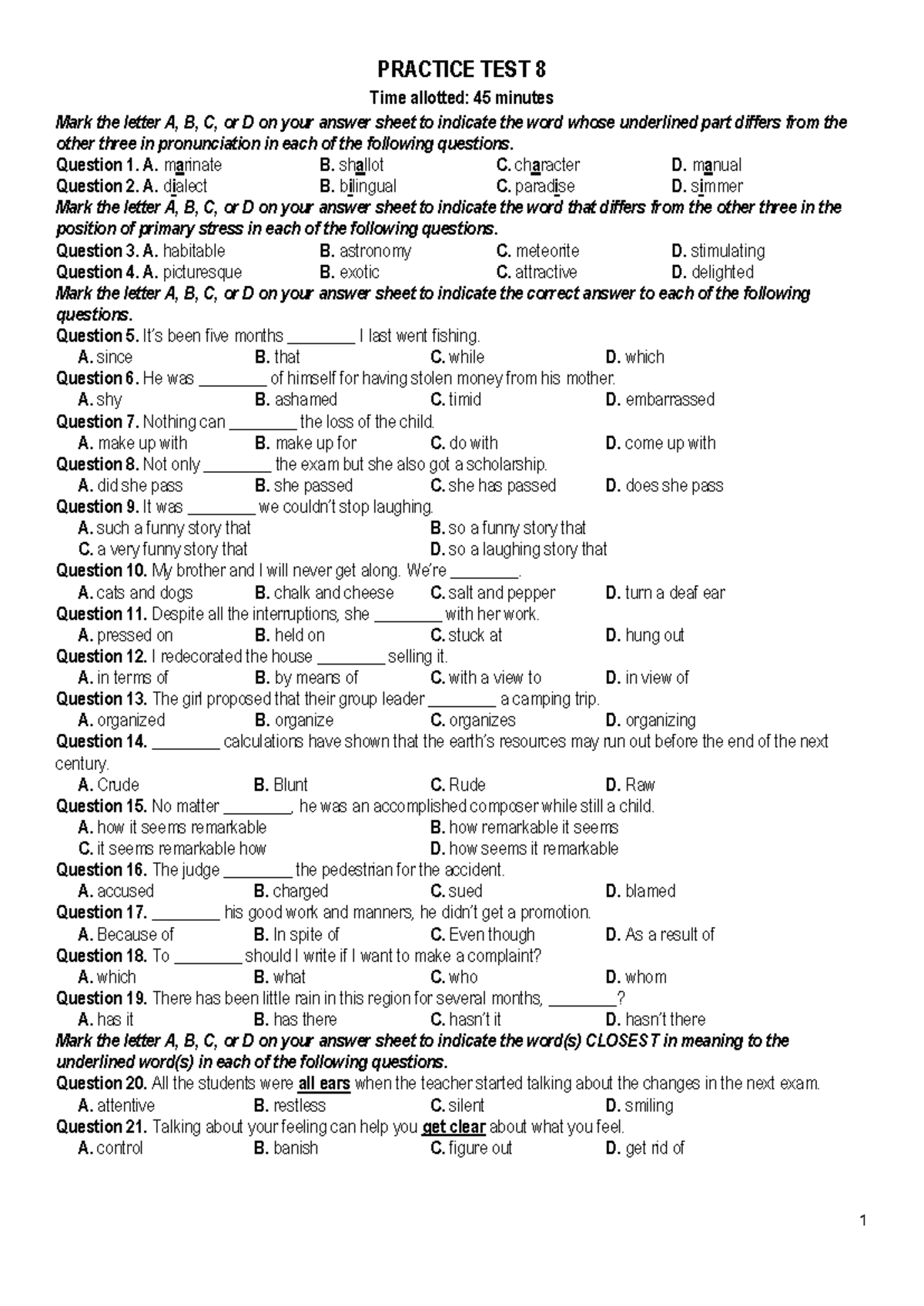 Practice Test 8 - English Language Proficiency Exam - Studocu
