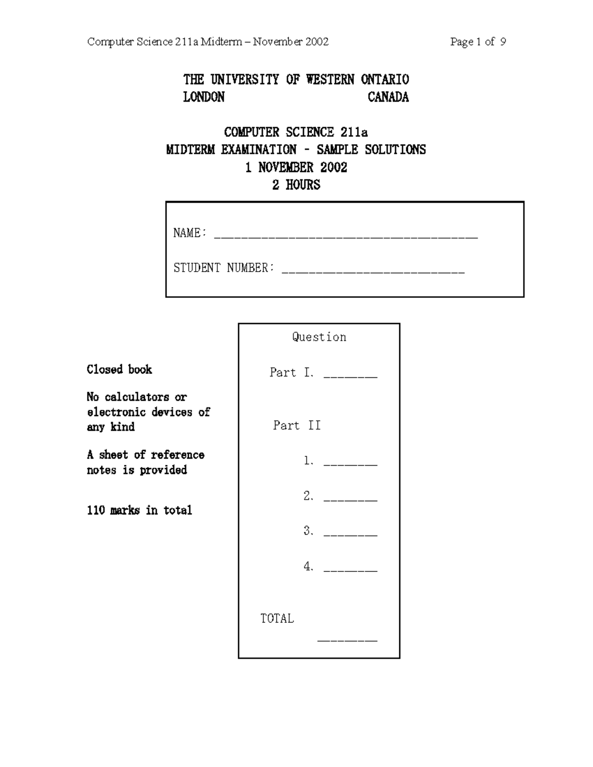 Computer Science 211a Midterm Exam Solutions - November 2002 - Studocu