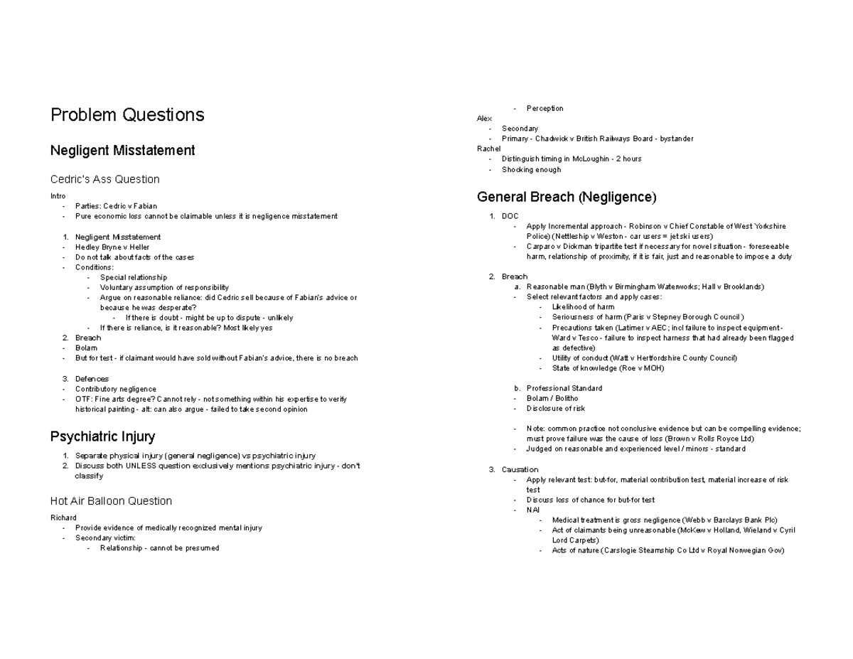 Tort Law Revision Notes: Key Cases and Principles for Exam - Studocu