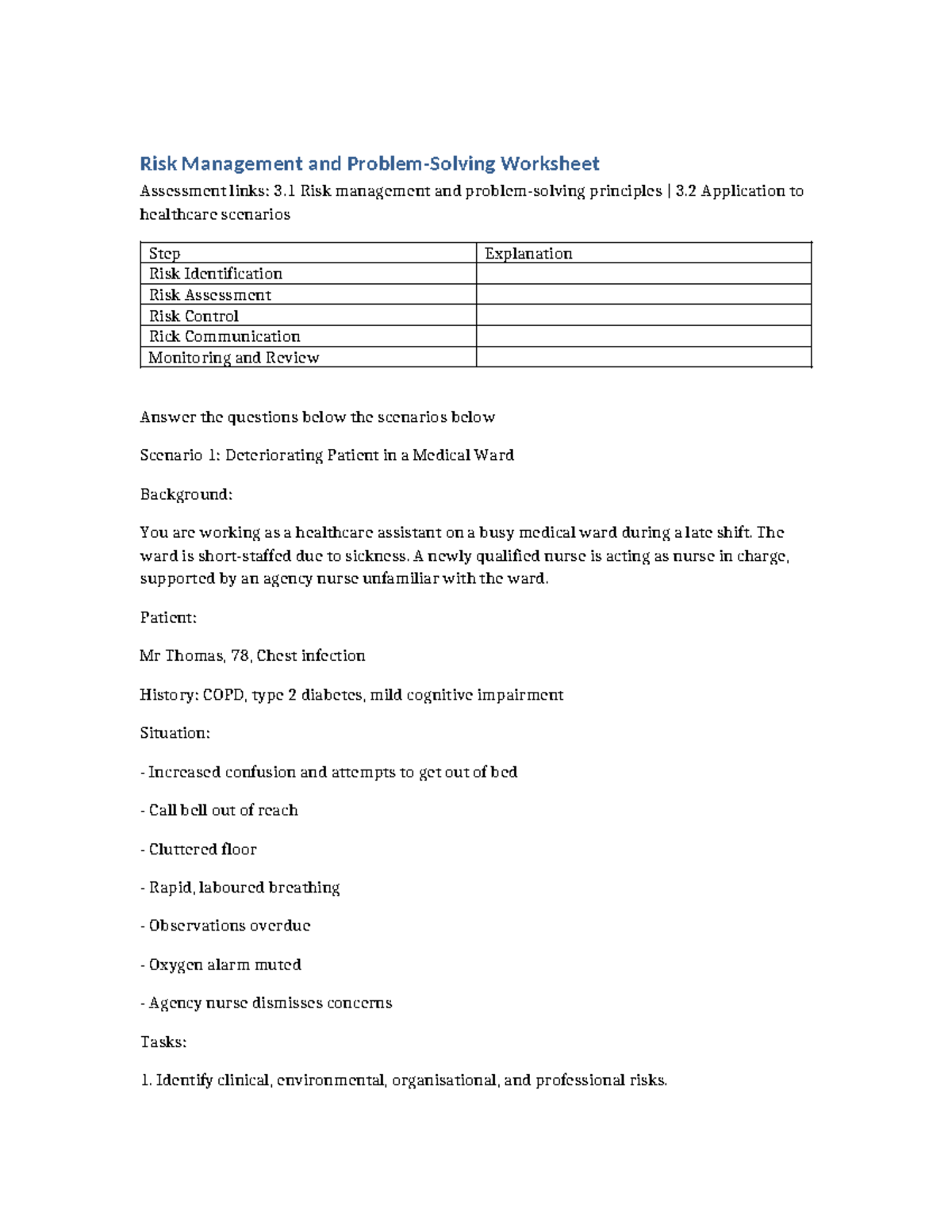 Risk Management Worksheet: Healthcare Scenarios & Assessments - Studocu