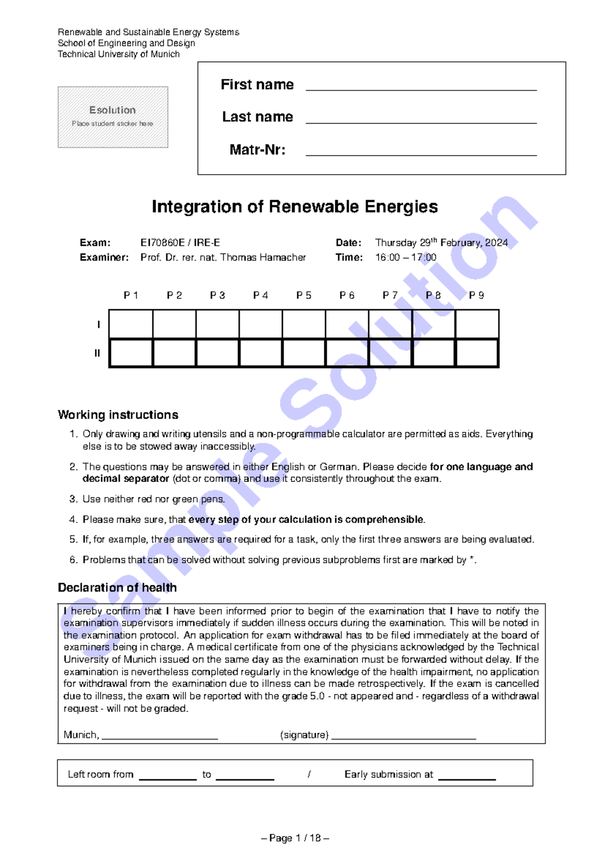Integration of Renewable Energy Systems Exam EI70860E - Sample Solutions - Document Preview
