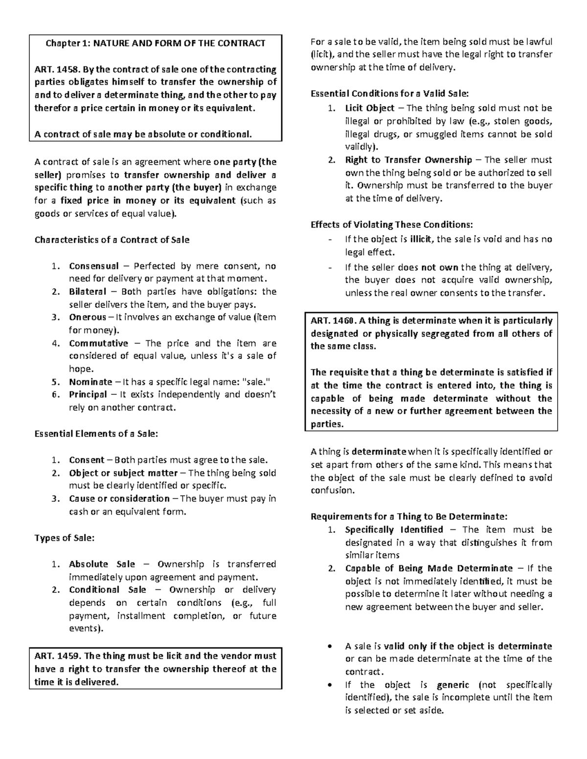 LAW 101: Chapter 1 - Nature and Form of the Contract in Sales - Studocu
