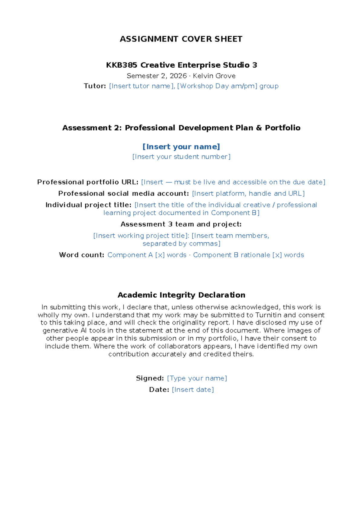 KKB385 Assessment 2: Professional Development Plan Portfolio Template ...