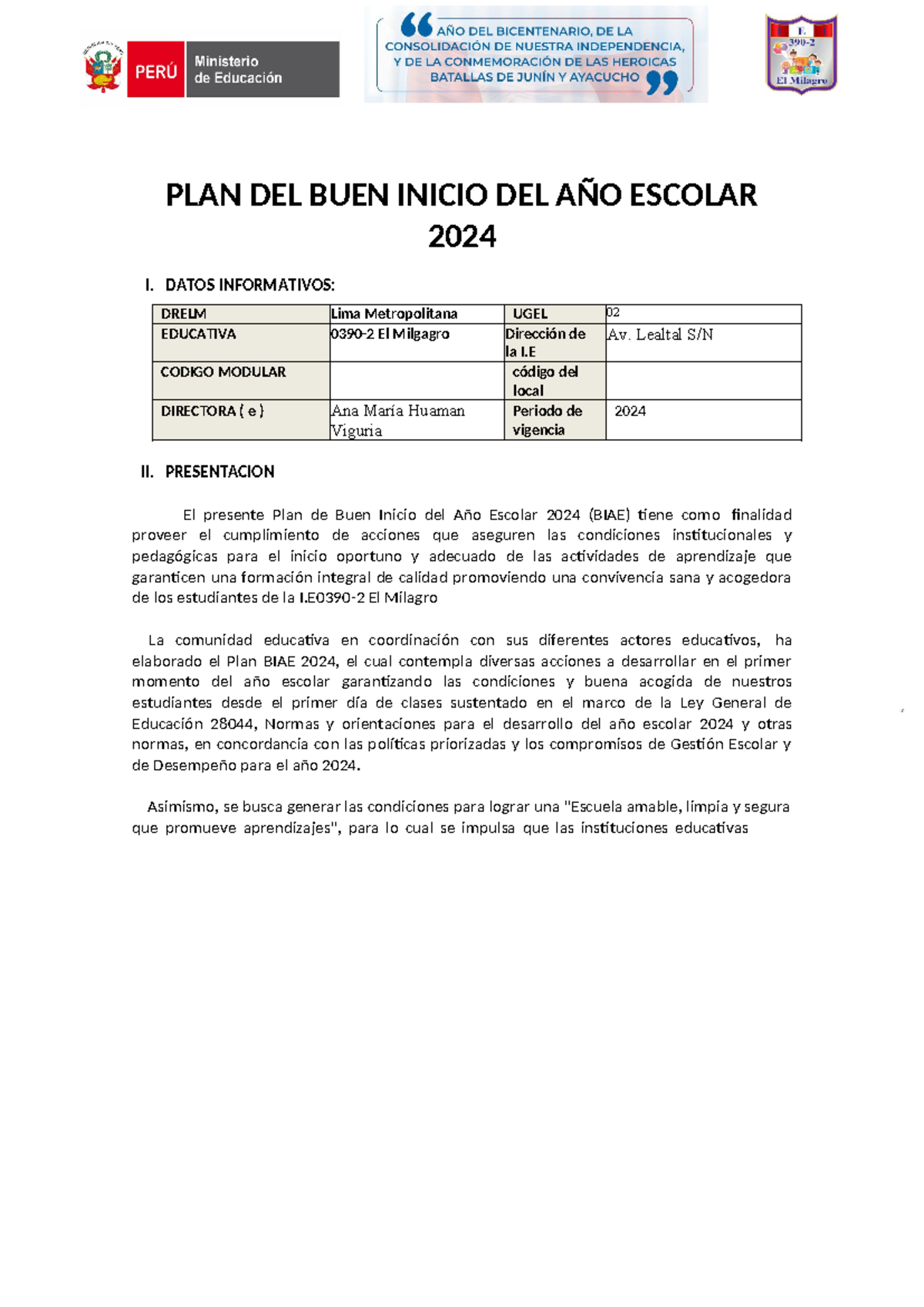 Plan de Buen Inicio del Año Escolar 2024 - IIEE 0390-2 El Milagro - Studocu
