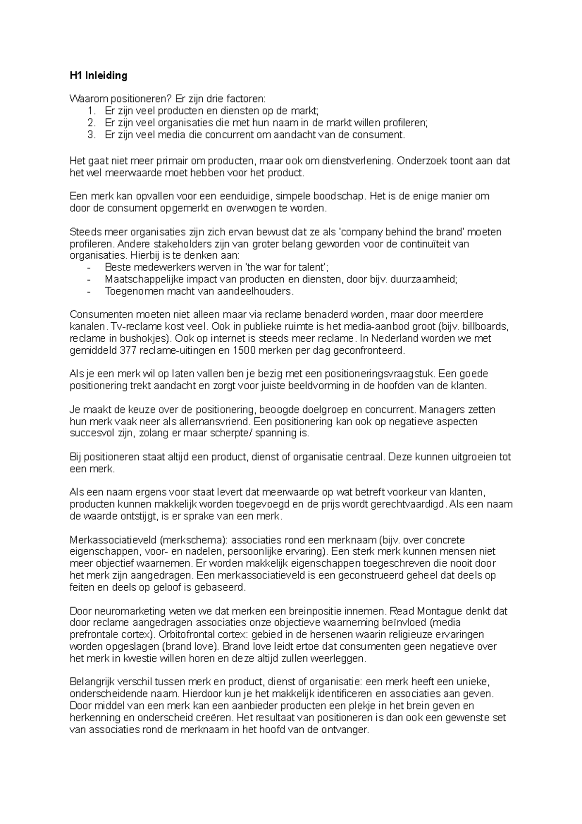 Samenvatting Positioneren en Merkarchitectuur - H1-H3 - Studeersnel
