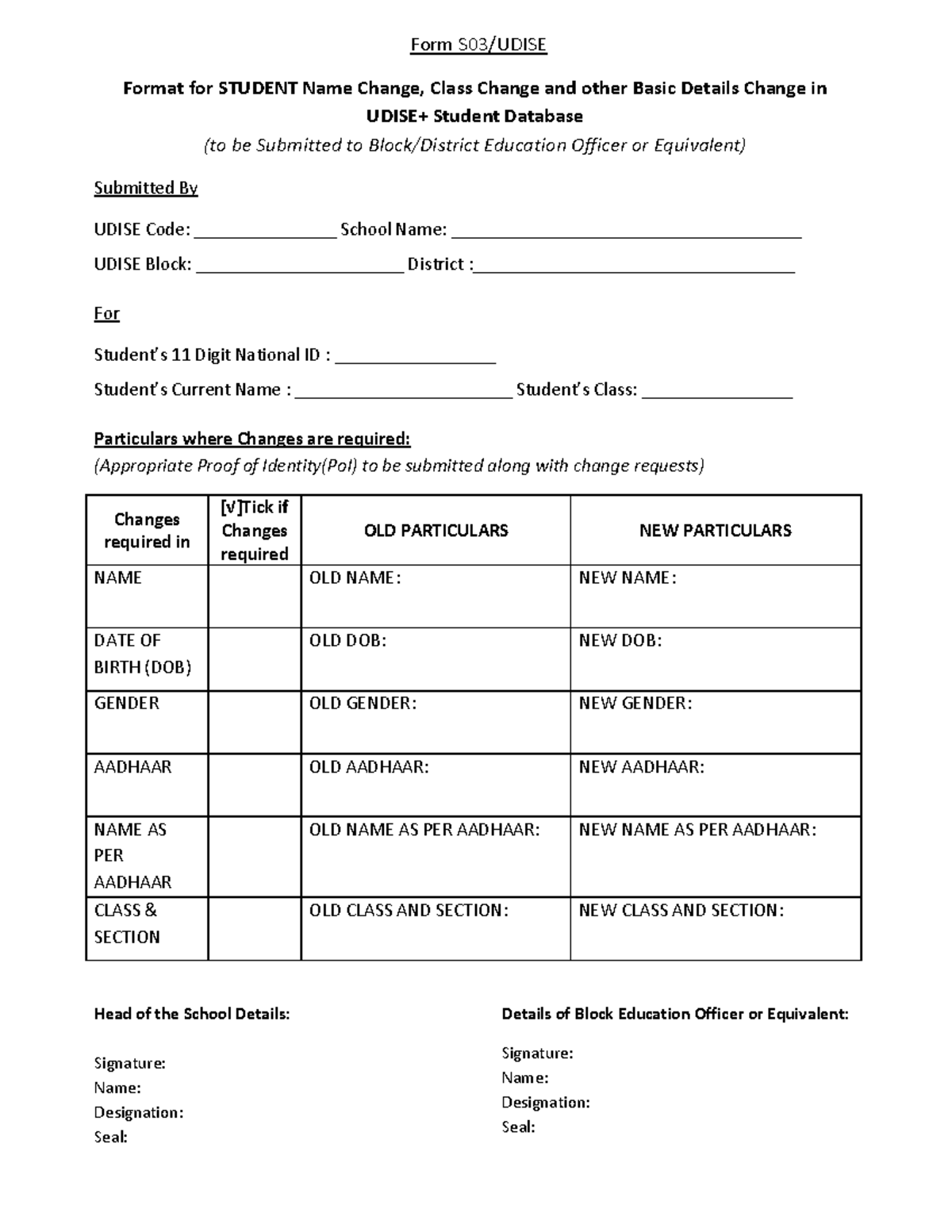 Form S03 - UDISE Student Info Change Request Format - Studocu