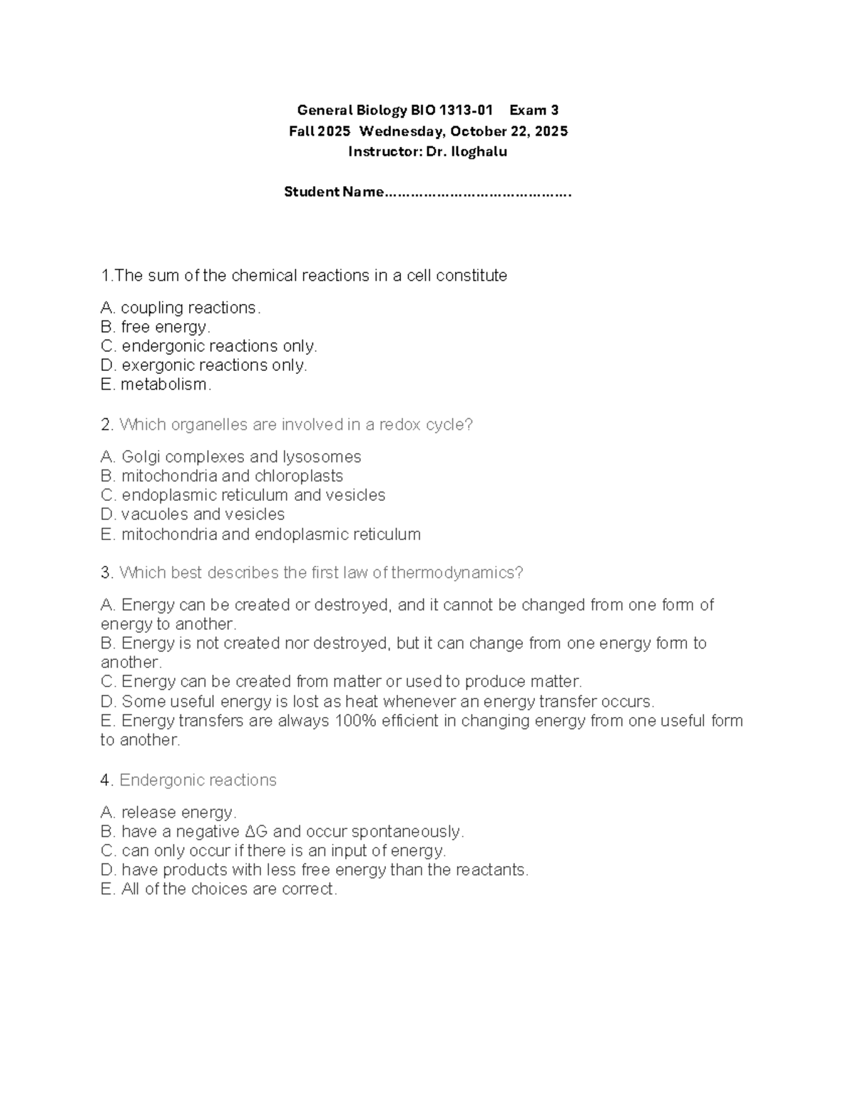 General Biology BIO 1313-01 Exam 3 Study Guide - Studocu