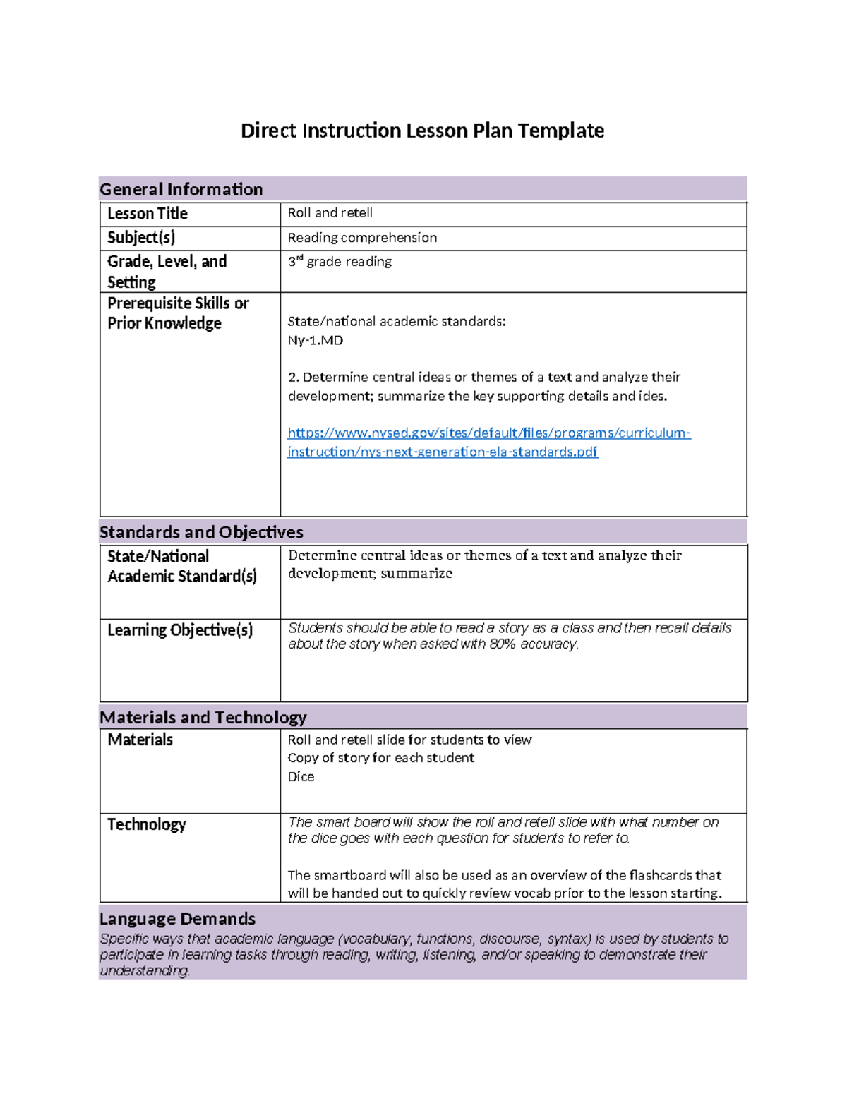Lesson plan elementary reading - Direct Instruction Lesson Plan ...