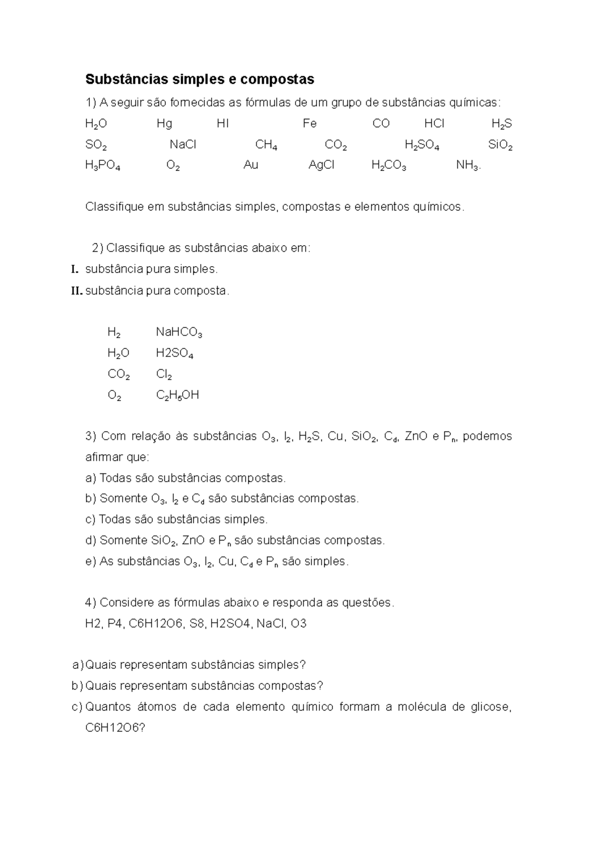 Exercícios sobre Substâncias Simples e Compostas - MACKENZIE SP - Studocu