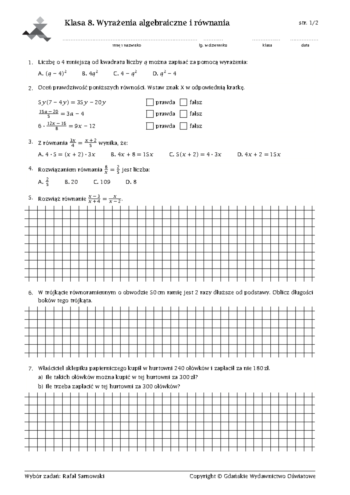 Sprawdzian Klasa 8 Matematyka Wsip www.studocu.com