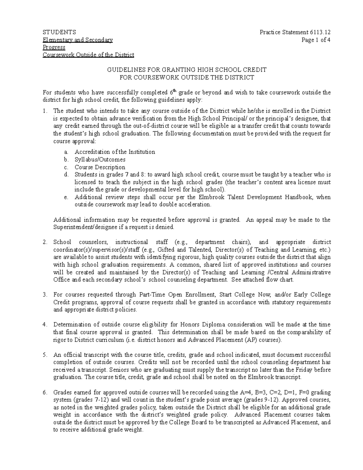 Practice Statement 6113.12: Guidelines for High School Credit for ...
