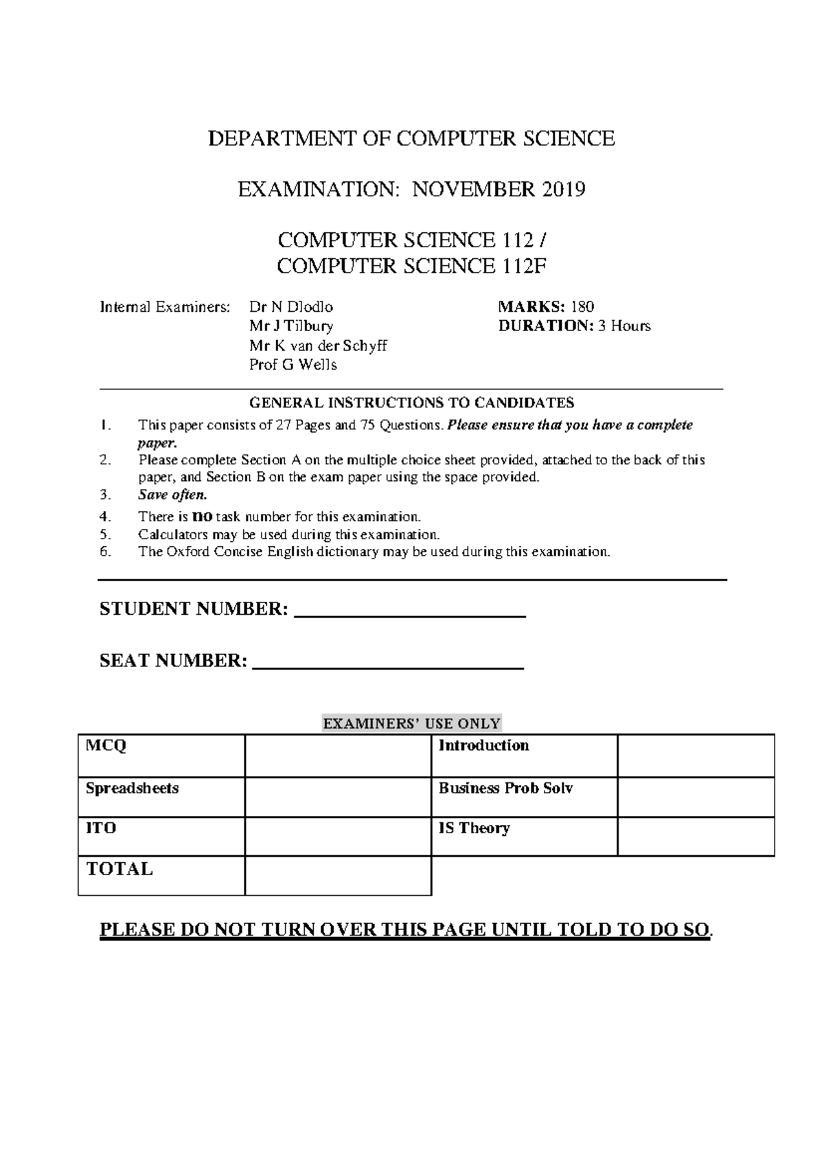 Computer Science 112 Final Exam November 2019 Paper - Studocu