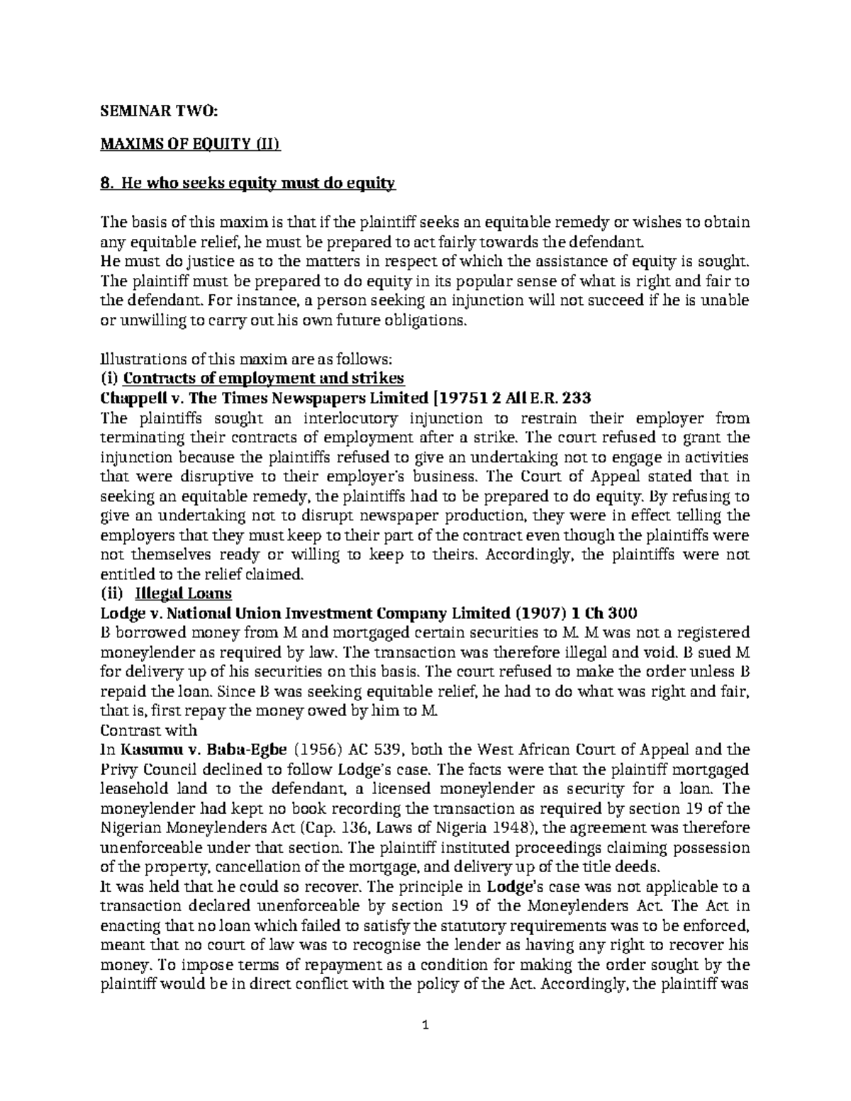 Maxims of Equity (II) - Revision Notes for Seminar 8 - Studocu