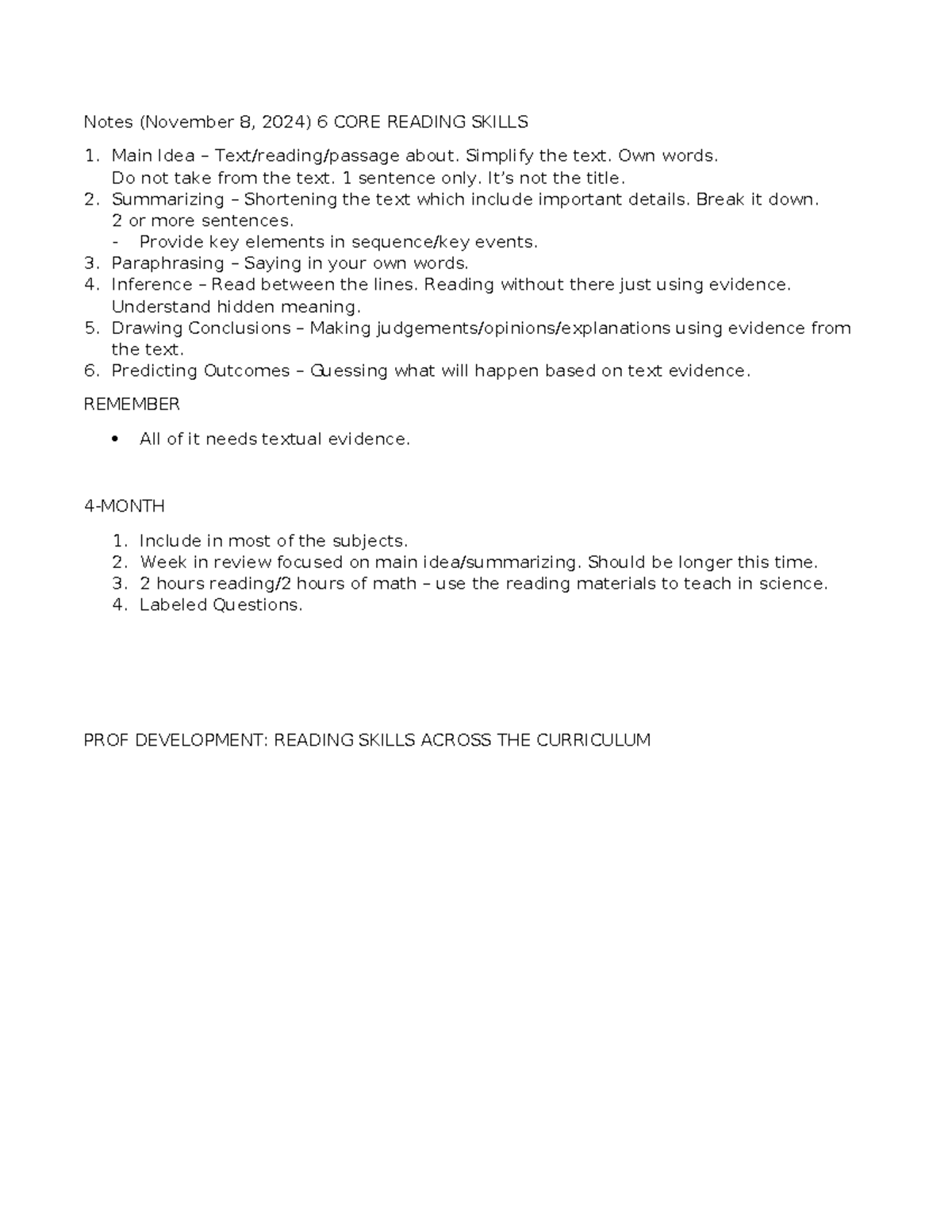 Notes - Professional Development - Notes (November 8, 2024) 6 CORE ...