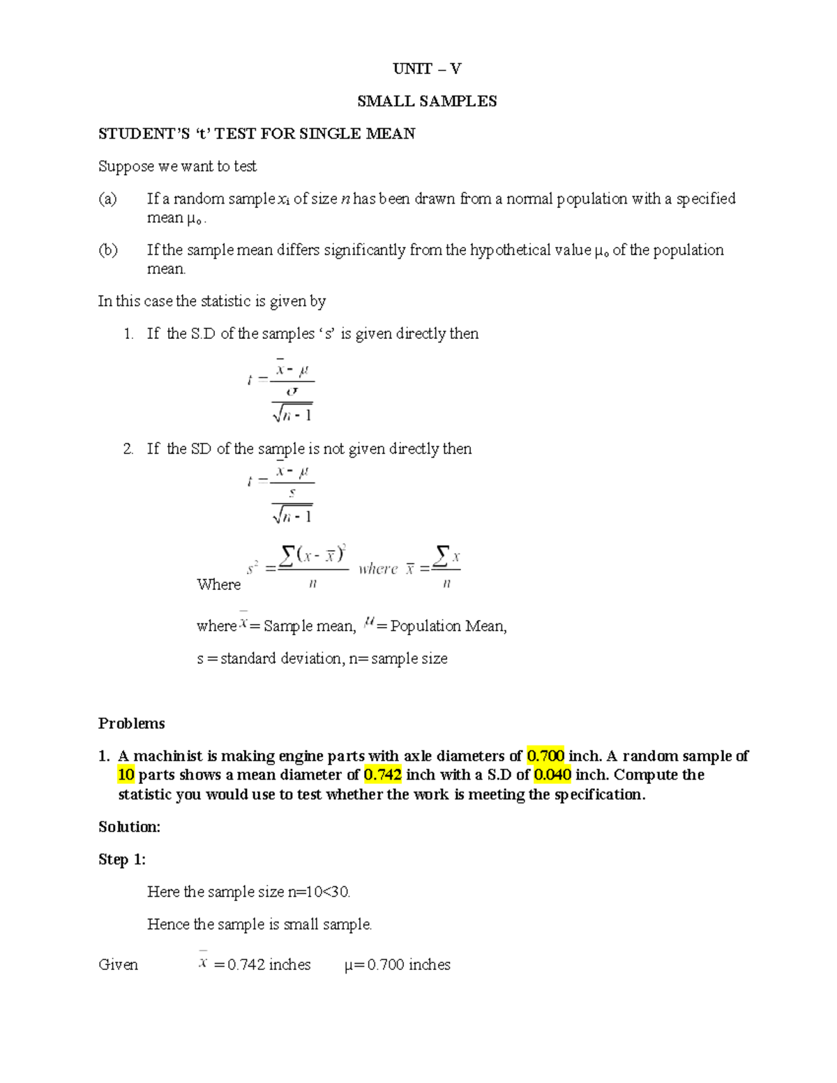 Statistics Unit V: Small Samples Test for Single Mean - Notes - Studocu