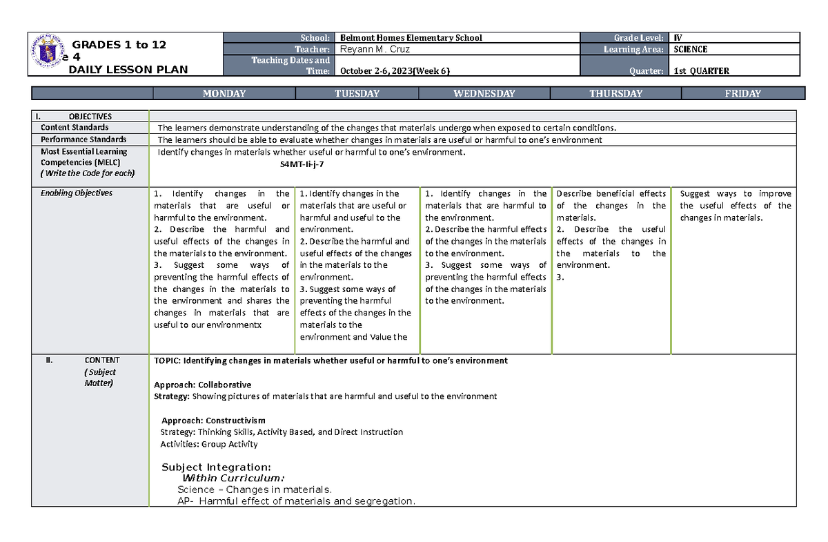 Science 4 DLP Q1 W6 - Detailed Lesson Plan on Material Changes - Studocu